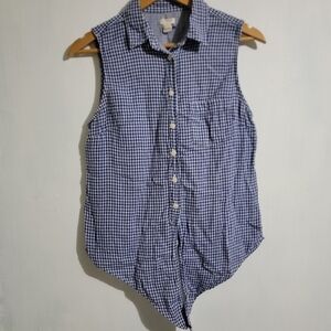 J. Crew Factory Blue Gingham Print Button Down Western Tie Front Sleeveless Top